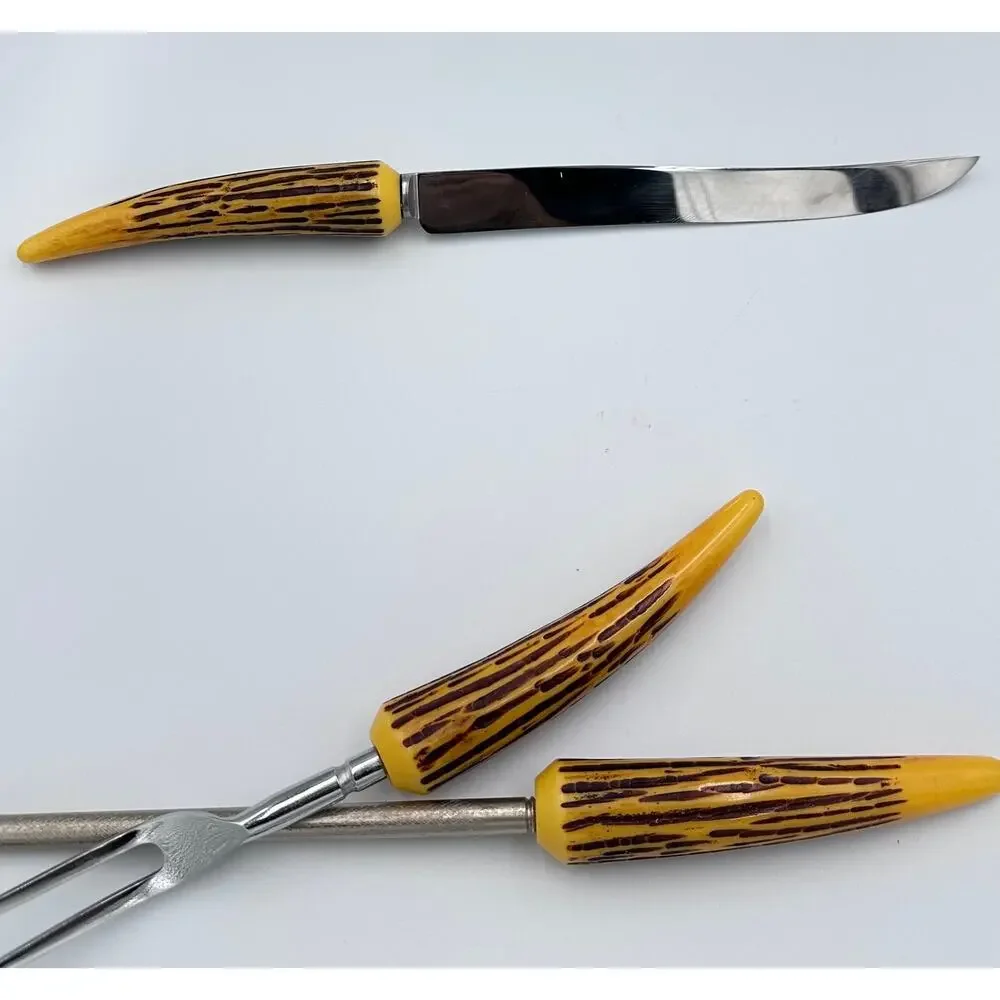 Vintage E. Parker & Sons Sheffield Faux Antler Bakelite 3pc Carving Knife Set